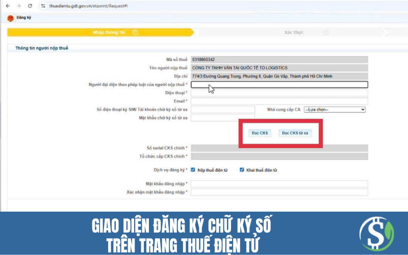 Giao diện đăng ký chữ ký số trên trang Thuế điện tử